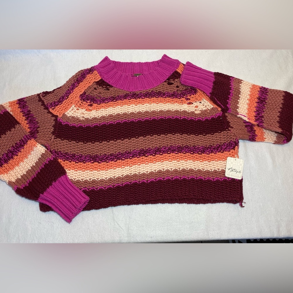 NWT Free People Devon Sweater Fuschia Rose Combo Women’s XS Cropped Knit Sweater